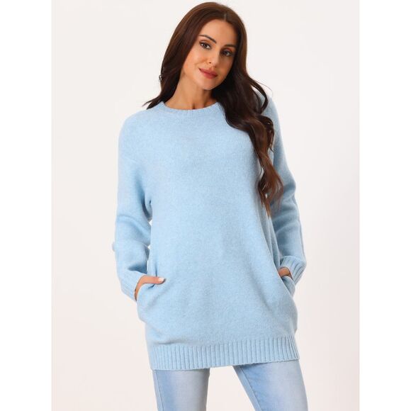 Crewneck Long Sleeve Oversized Loose Chunky Warm Pullover Sweater Top Light Blue - Picture 4 of 5